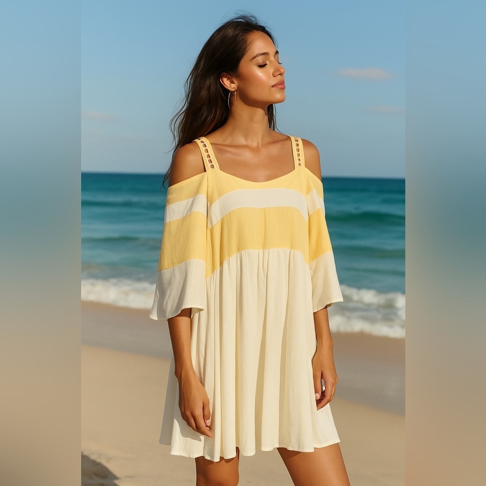 Sancia La Palme Striped Cold Shoulder Shift Dress Cream Flax Size M NWT